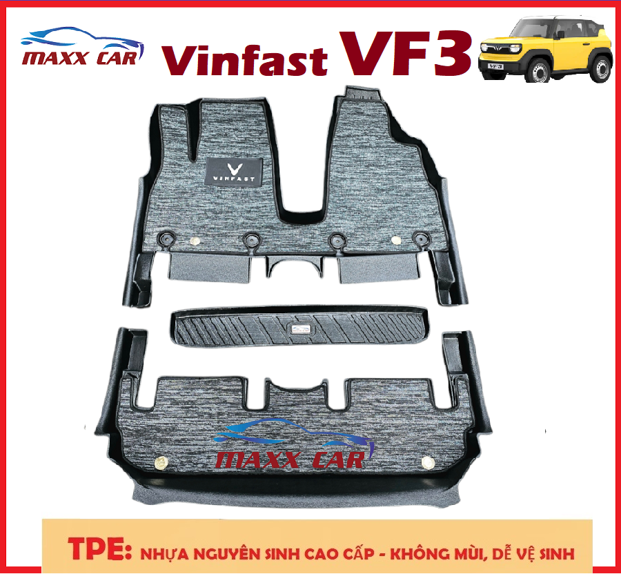 Vinfast VF3 + Rối Logo: Thảm lót sàn MAXXCAR nhựa TPE đúc 5D + Kèm rối tràn viền cao cấp.