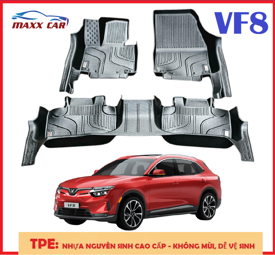 VF8: Thảm lót sàn MAXXCAR cho xe VINFAST VF8 nhựa TPE đúc nguyên khối 5D tràn viền.