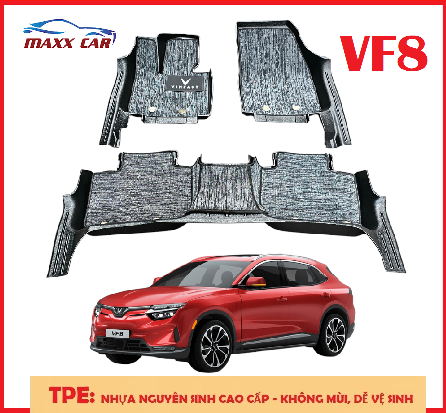 VF8 - Thảm lót sàn MAXXCAR cho xe VINFAST VF8 nhựa TPE đúc nguyên khối 5D tràn viền + Rối xám logo