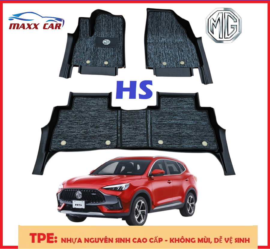 MG HS: Thảm lót sàn MAXXCAR nhựa TPE NGUYÊN SINH đúc 5D cho xe MG HS 2024, 2025+ Rối xám logo